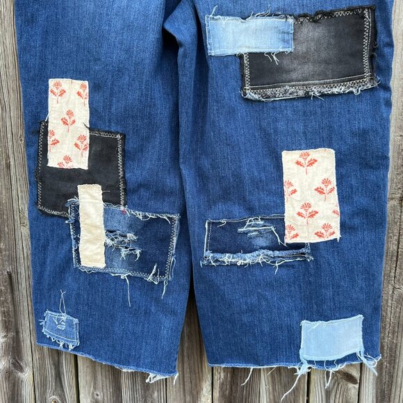Upcycled Reworked Patched Hippie Boho Distressed Wide Leg Jeans size 20W - Picture 11 of 14